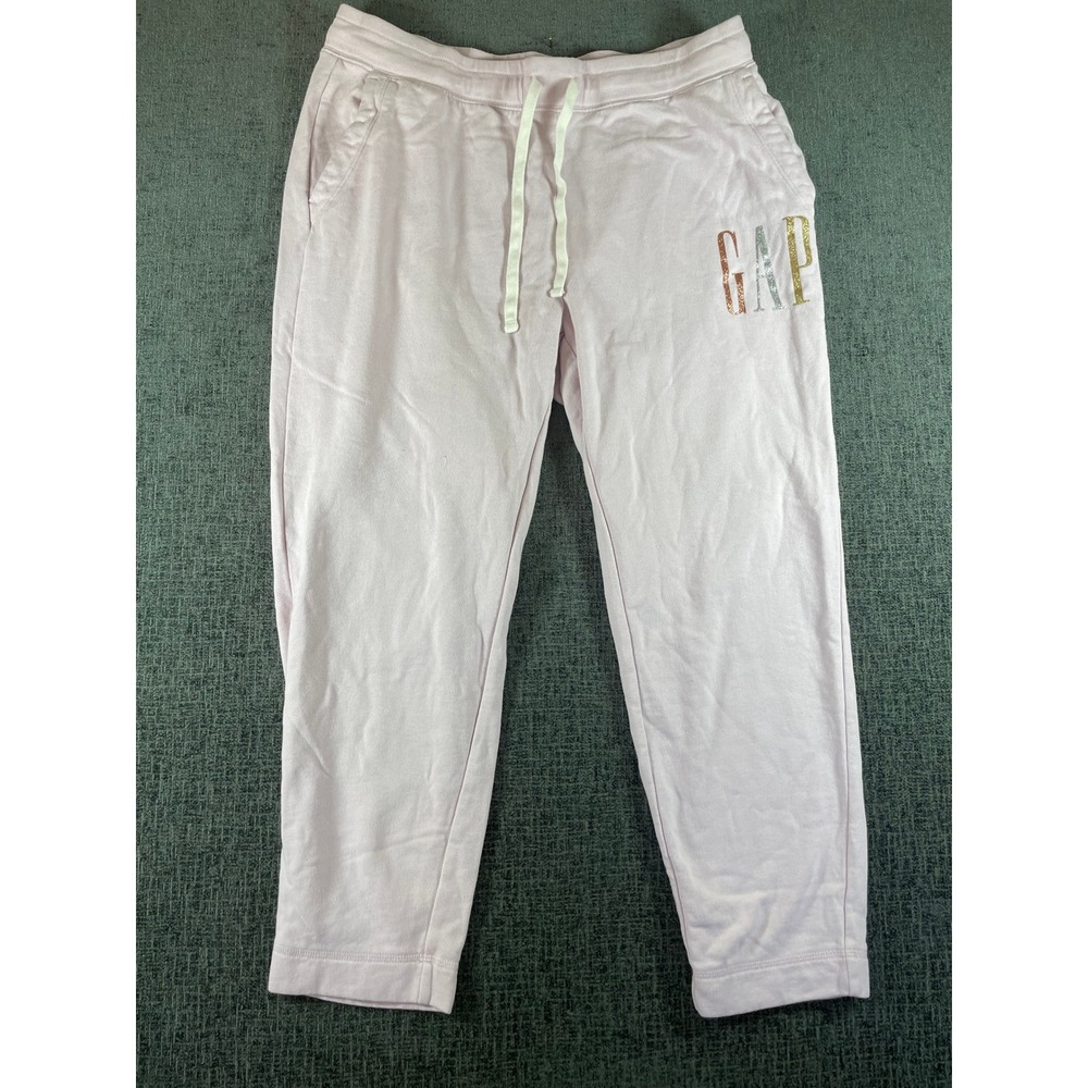 GAP Womens Pink Glitter‎ Logo Jogger Sweatpants Size L Drawstring Fleece Lined